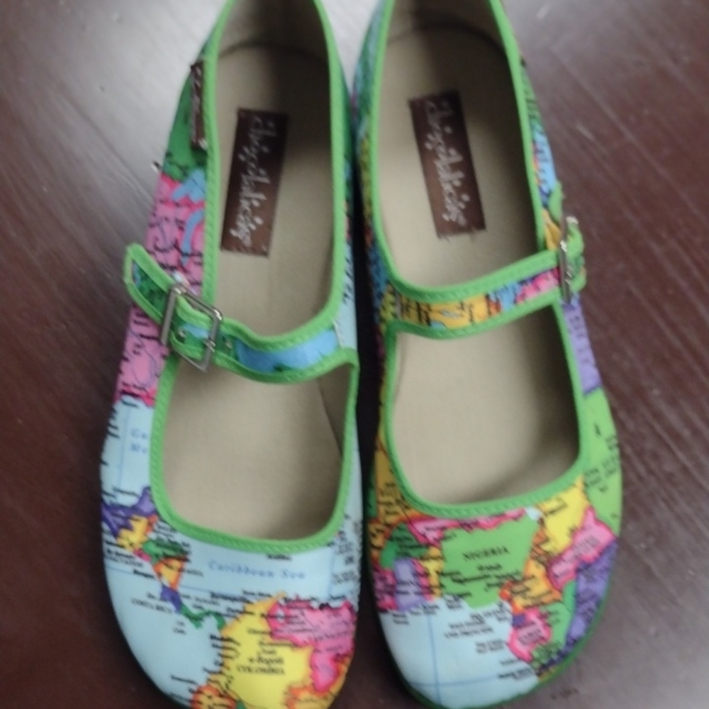 Chocolaticas Mary Jane Green and Blue World Map Flats with Strap, (2004) - Picture 9 of 9